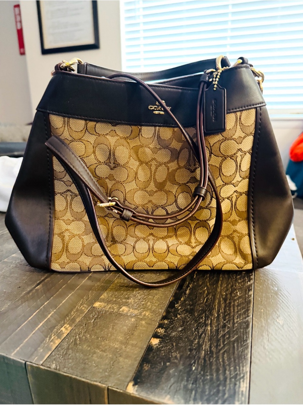 Coach Brown Signature Canvas Shoulder Bag with Dark Brown Leather Trim